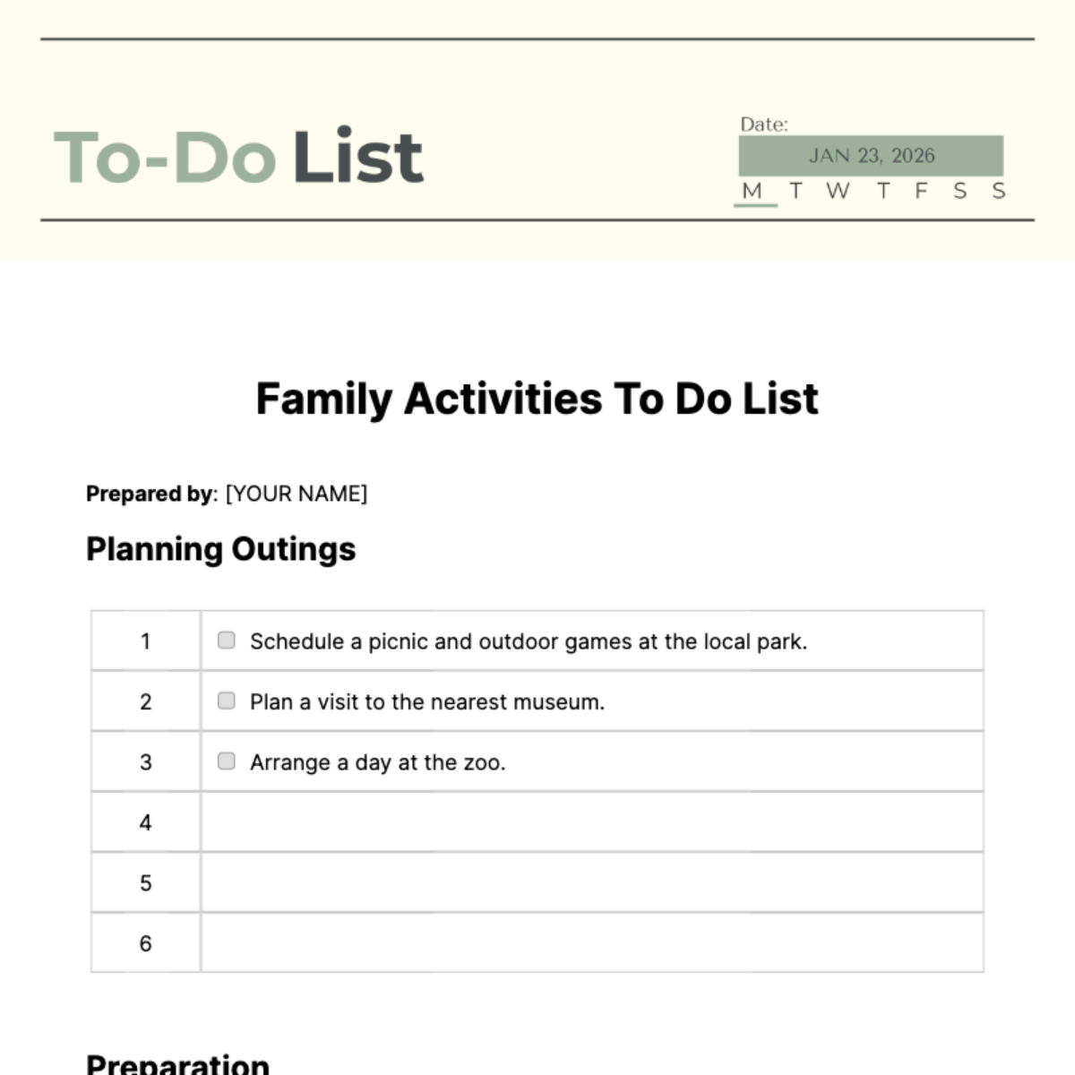 Free Family Activities To Do List Template