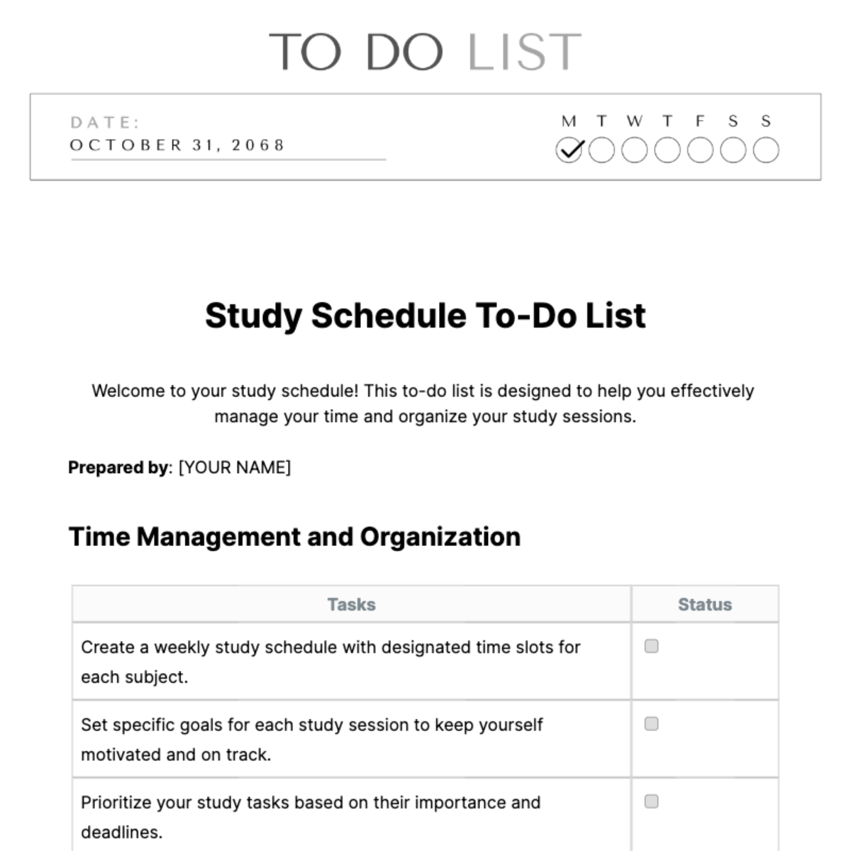 Free Study Schedule To Do List Template