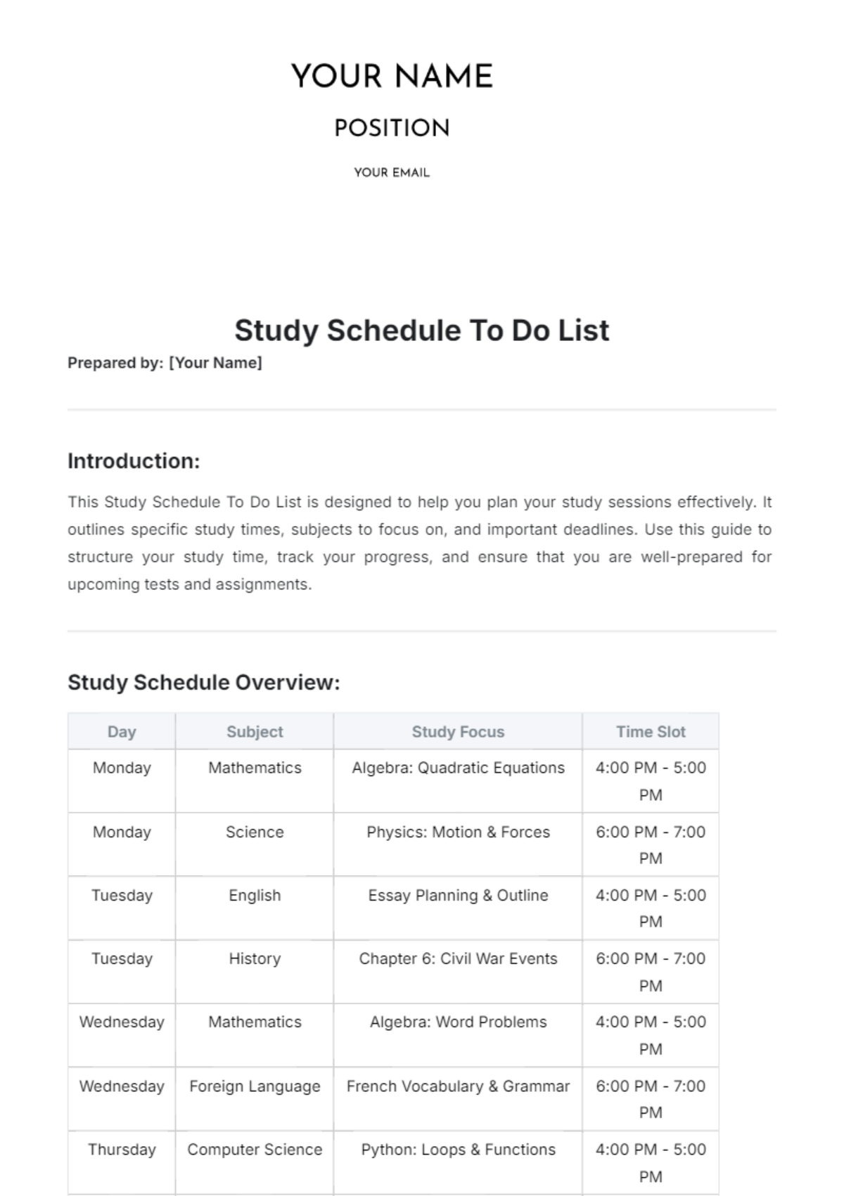 Study Schedule To Do List Template