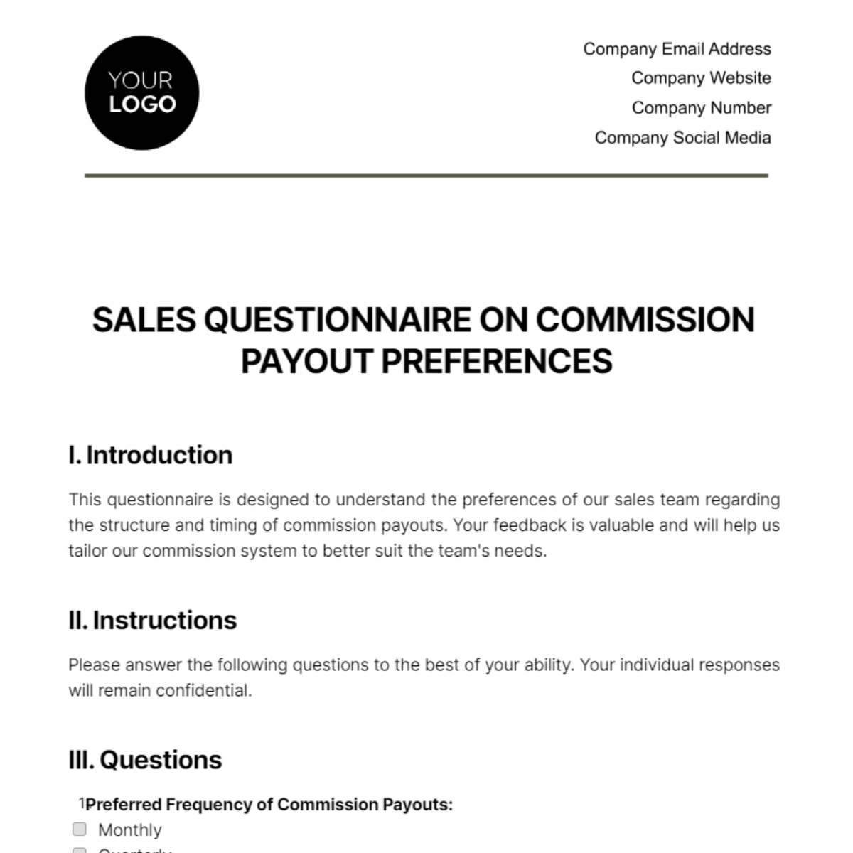 Sales Questionnaire on Commission Payout Preferences Template - Edit Online & Download