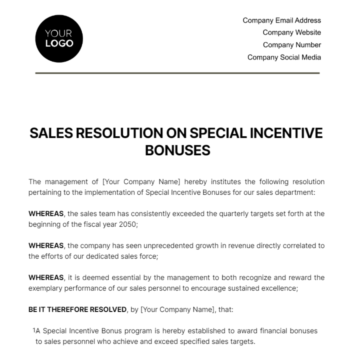 Sales Resolution on Special Incentive Bonuses Template
