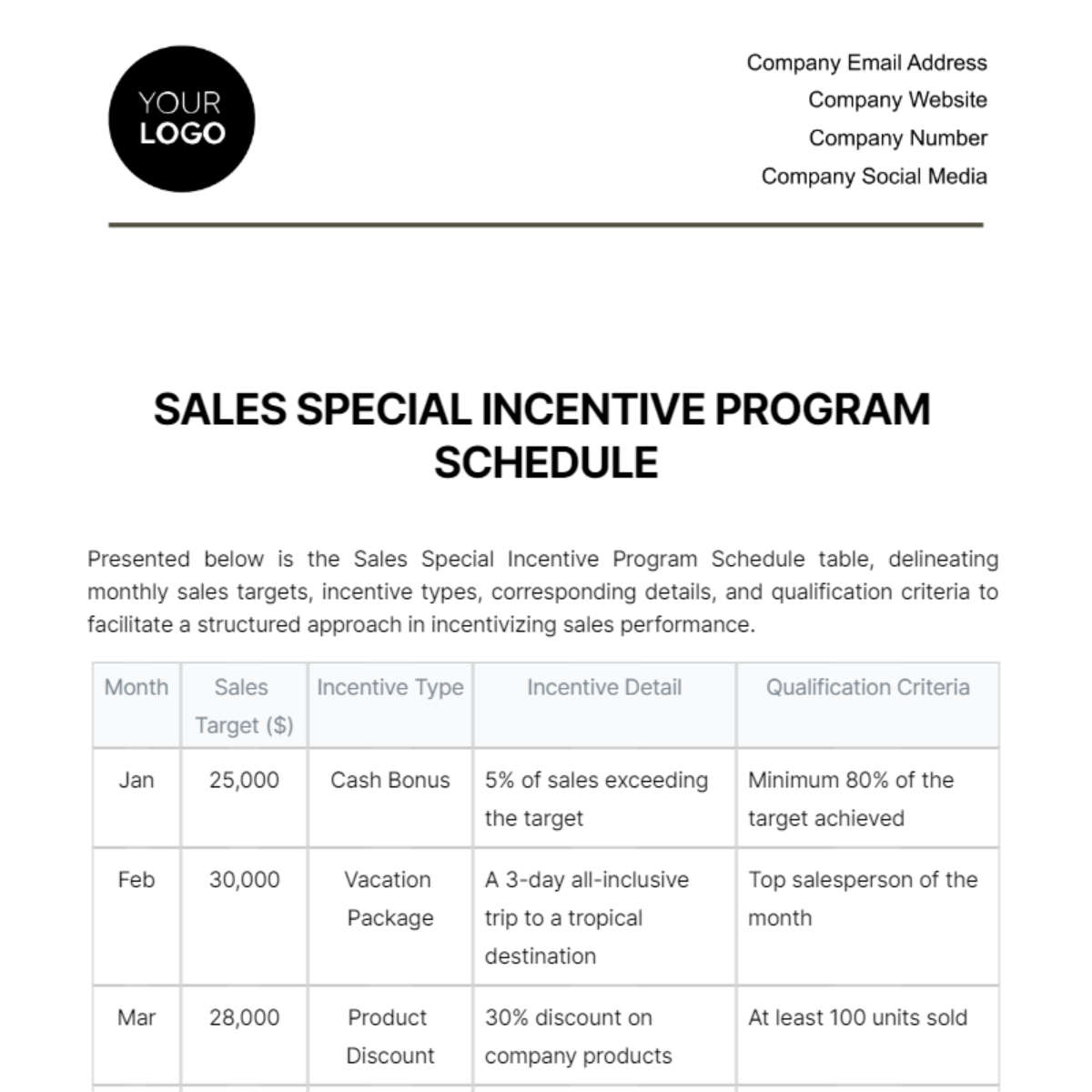 Sales Special Incentive Program Schedule Template