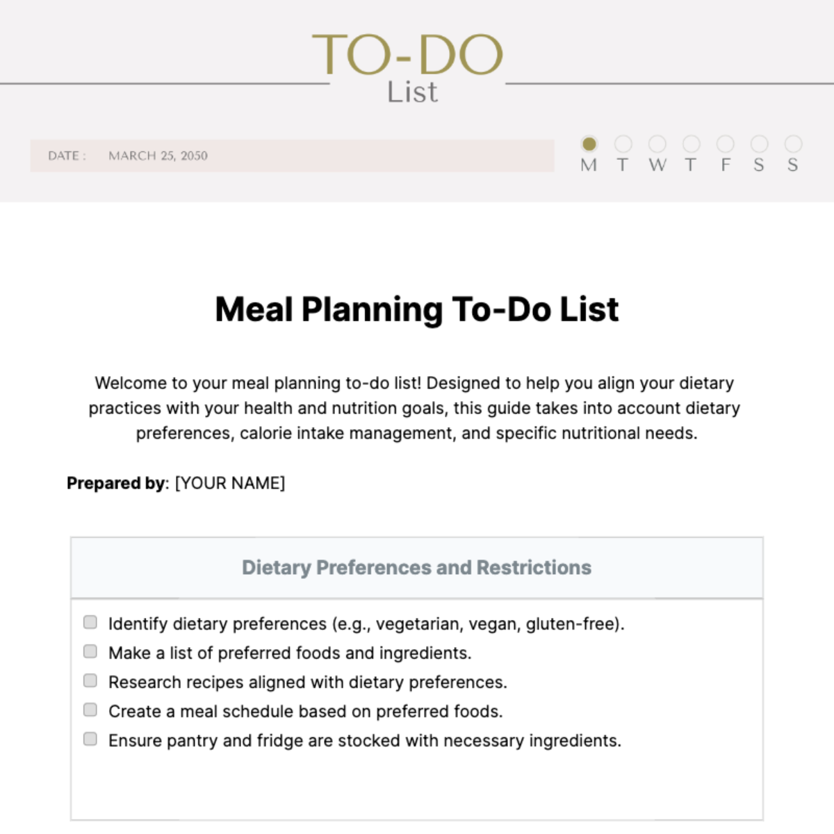 Free Meal Planning To Do List Template