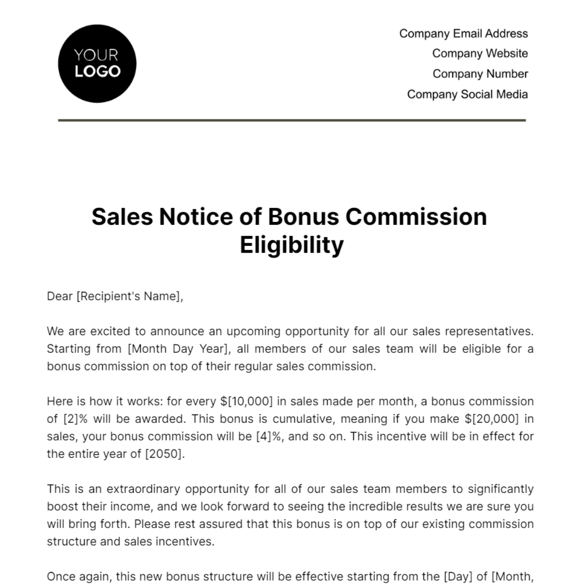 Sales Notice of Bonus Commission Eligibility Template