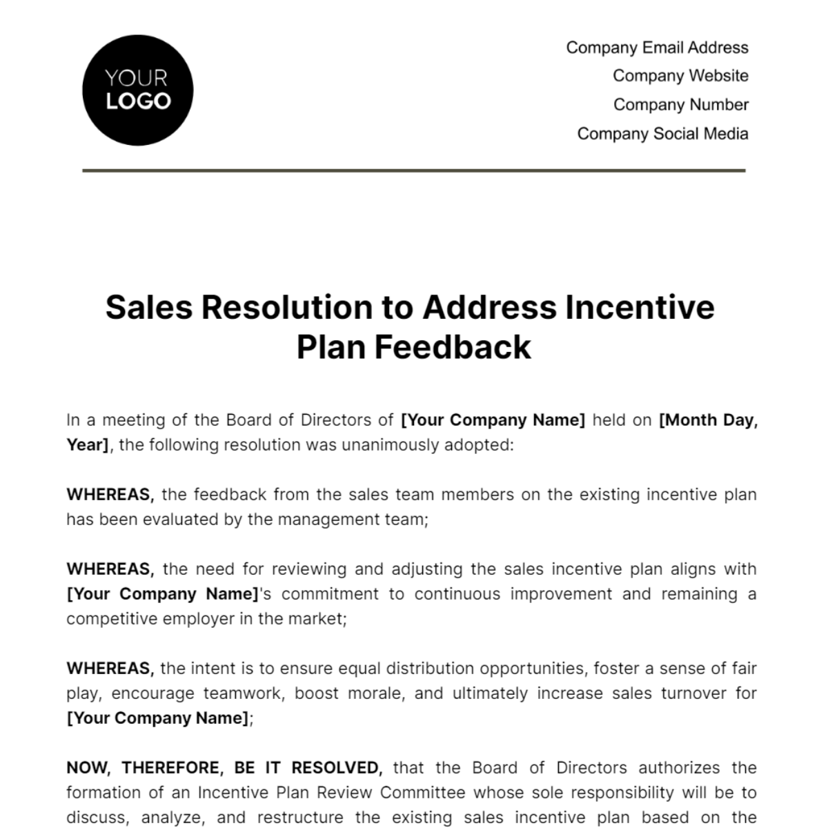 Sales Resolution to Address Incentive Plan Feedback Template