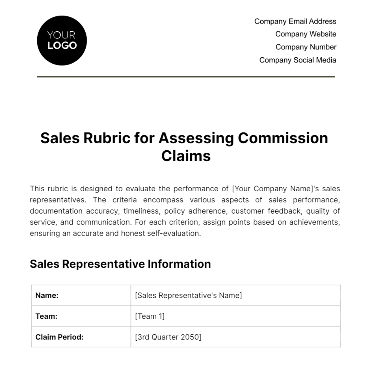 Sales Rubric for Assessing Commission Claims Template