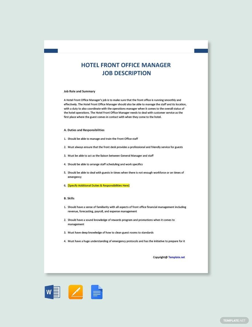 Free Hotel Front Office Manager Job Ad/Description Template