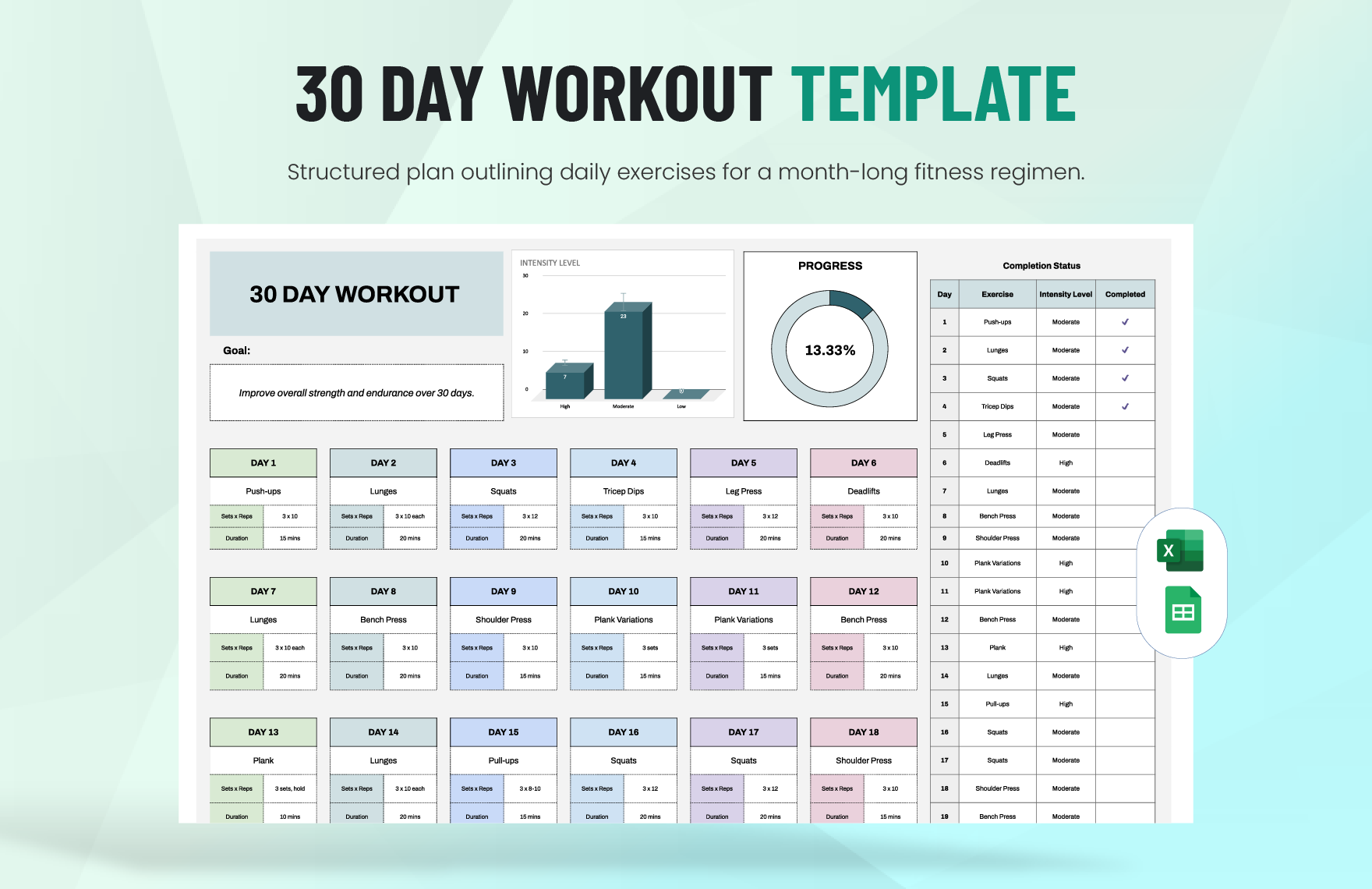 30 Day Workout Template in Excel, Google Sheets