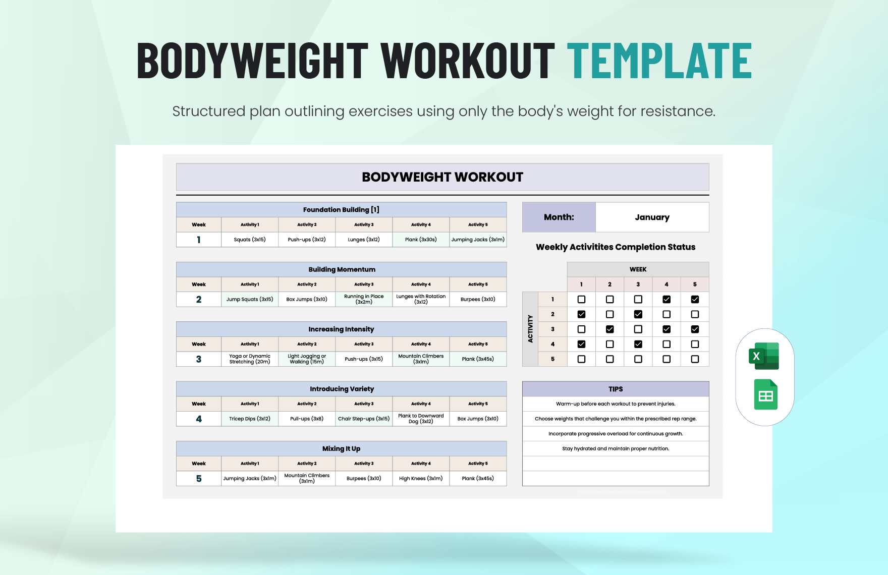 BodyWeight Workout Template in Excel, Google Sheets