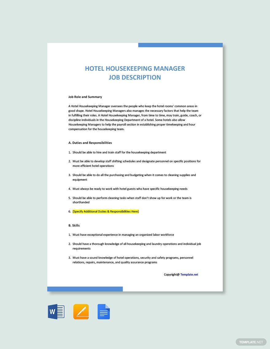 Hotel Housekeeping Manager Job Ad/Description Template