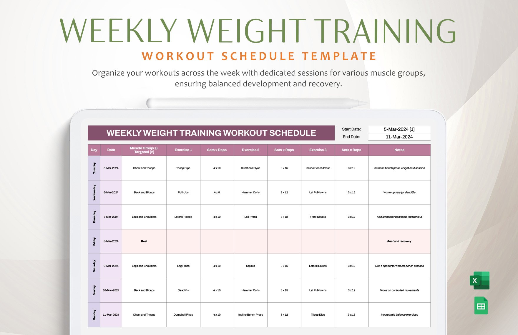 Weekly Weight Training Workout Schedule Template in Excel, Google Sheets