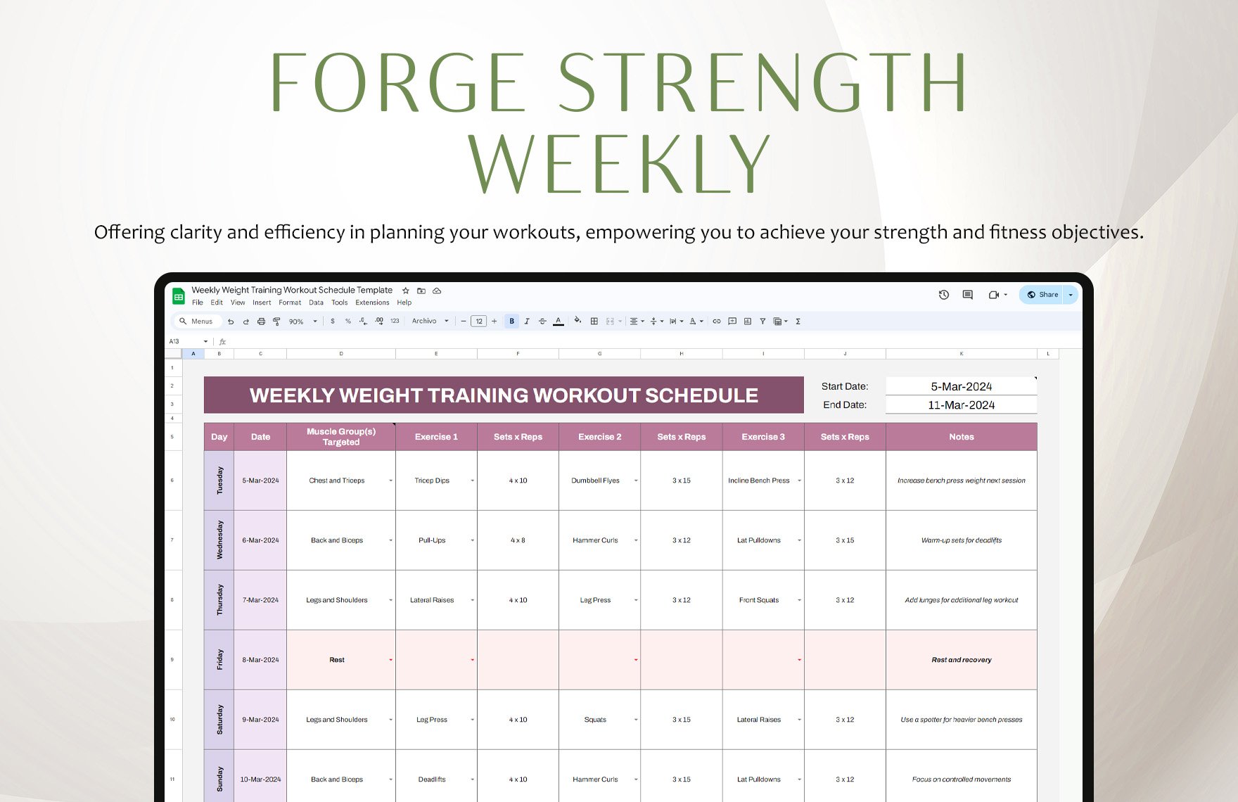 Weekly Weight Training Workout Schedule Template