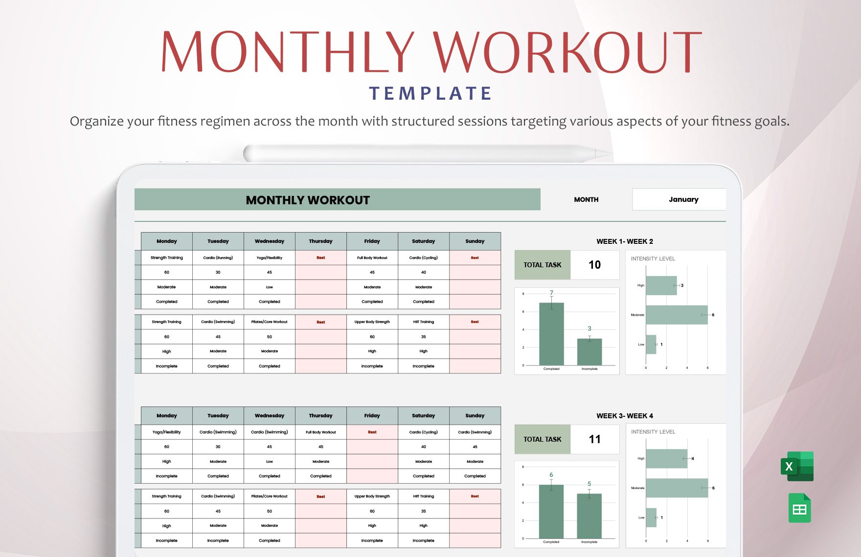 Monthly Workout Template in Excel, Google Sheets