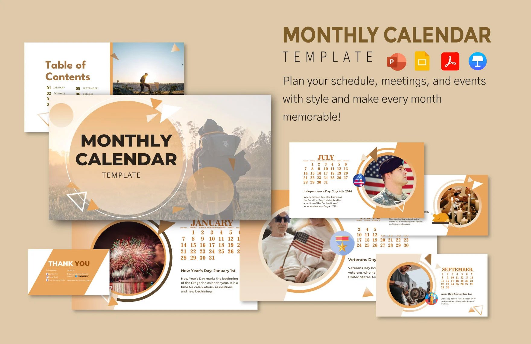 Monthly Calendar Template in PDF, PowerPoint, Google Slides, Apple Keynote