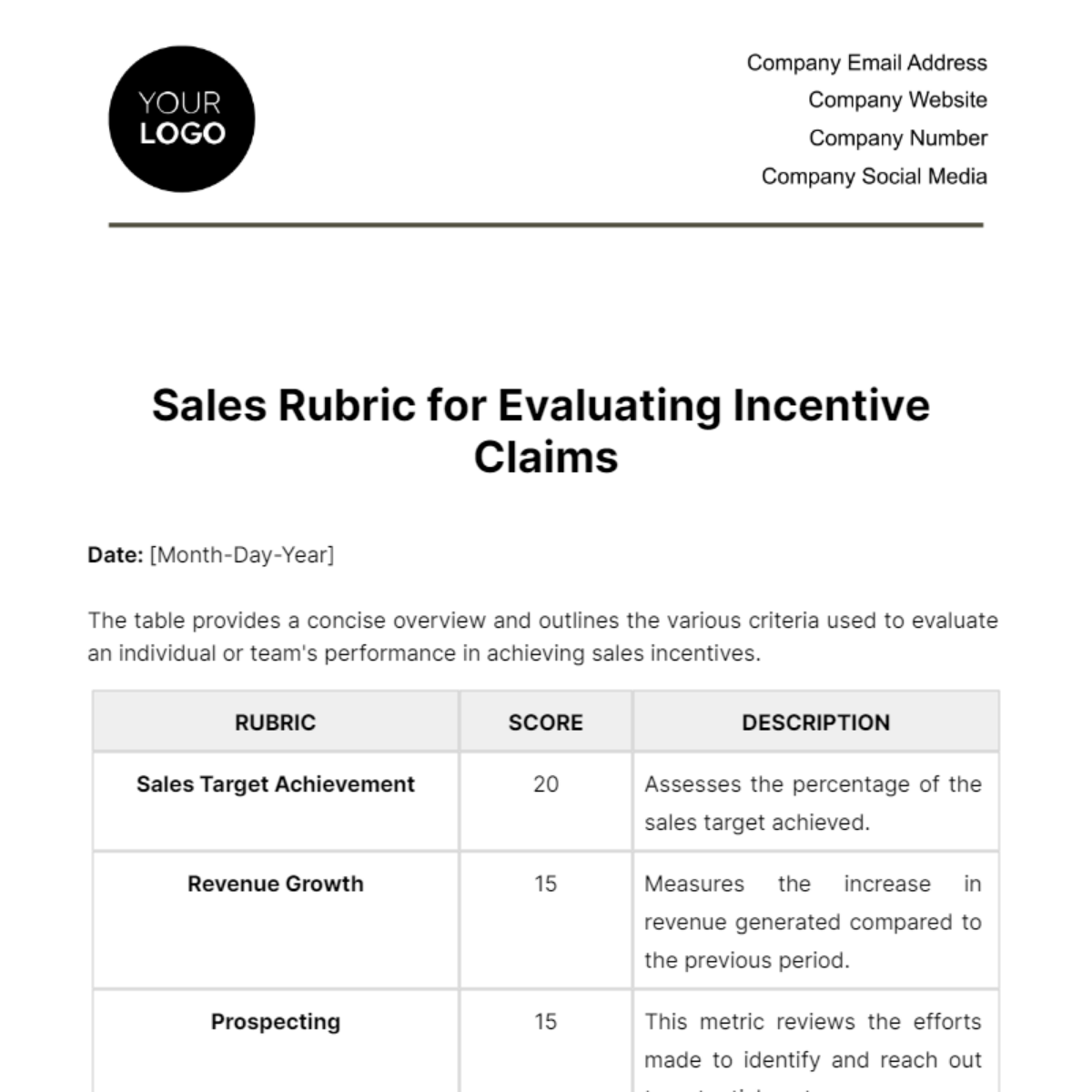 Sales Rubric for Evaluating Incentive Claims Template