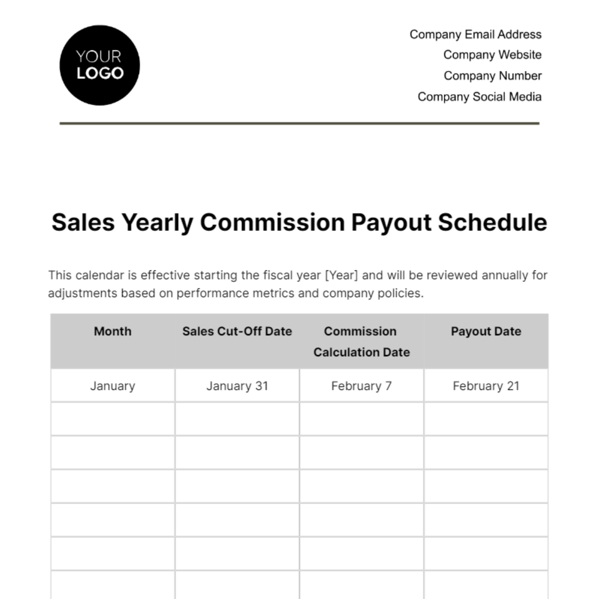 Sales Yearly Commission Payout Schedule Template