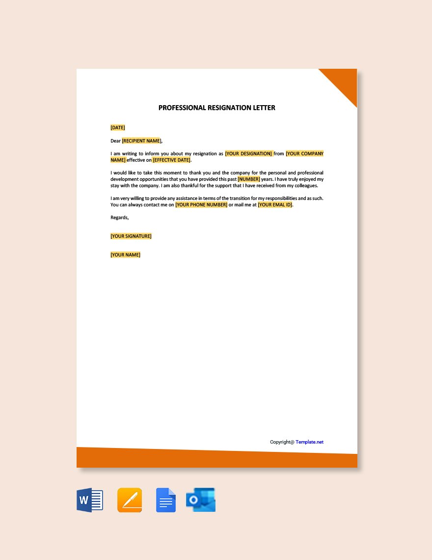 Professional Resignation Letter in Word, Google Docs, PDF, Apple Pages, Outlook