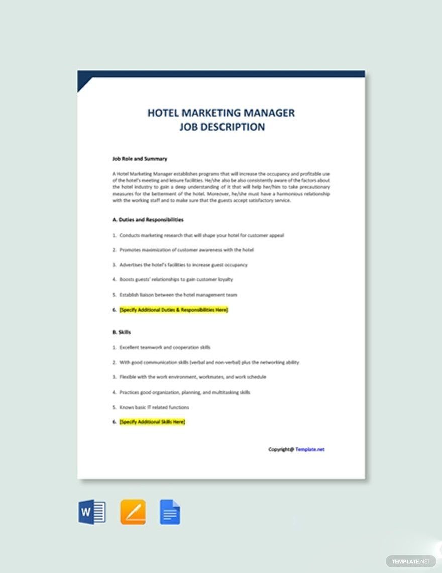 Free Hotel Marketing Manager Job Description 
