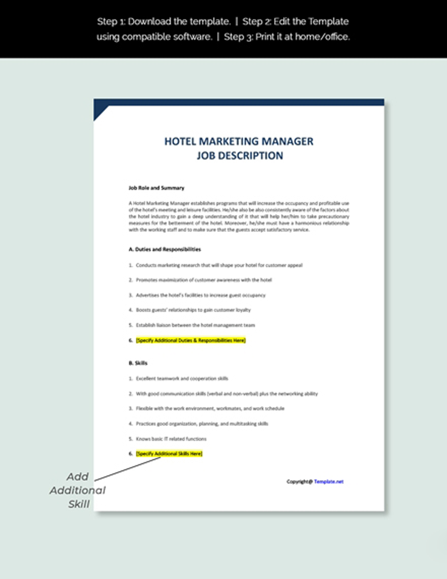 Free Hotel Marketing Manager Job Description Template