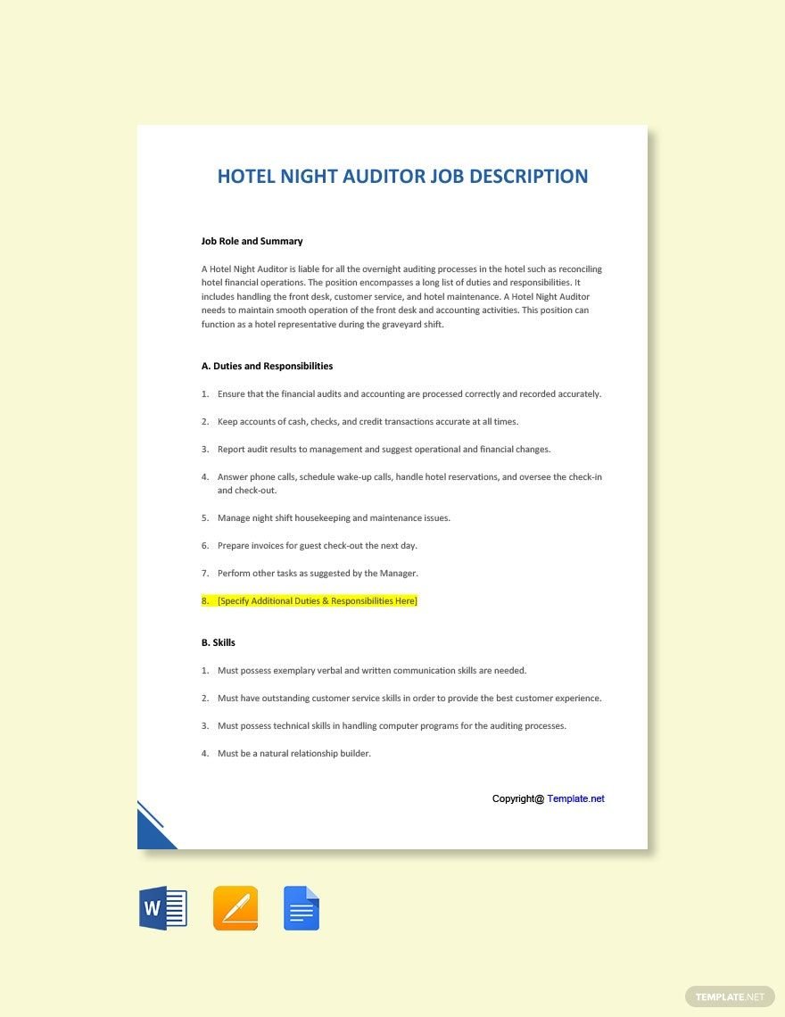 Hotel Night Auditor Job Ad/Description Template