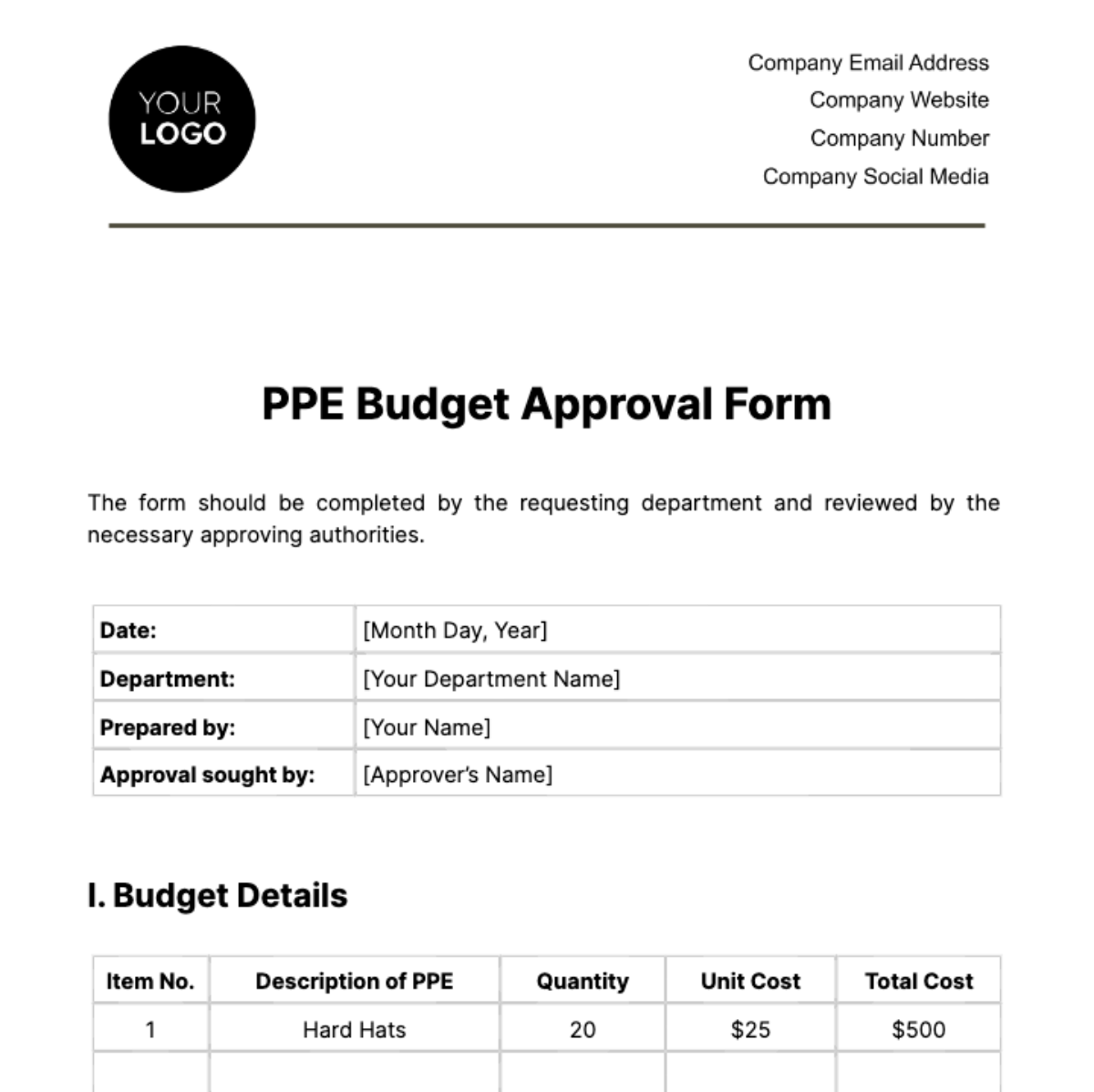 PPE Budget Approval Form Template