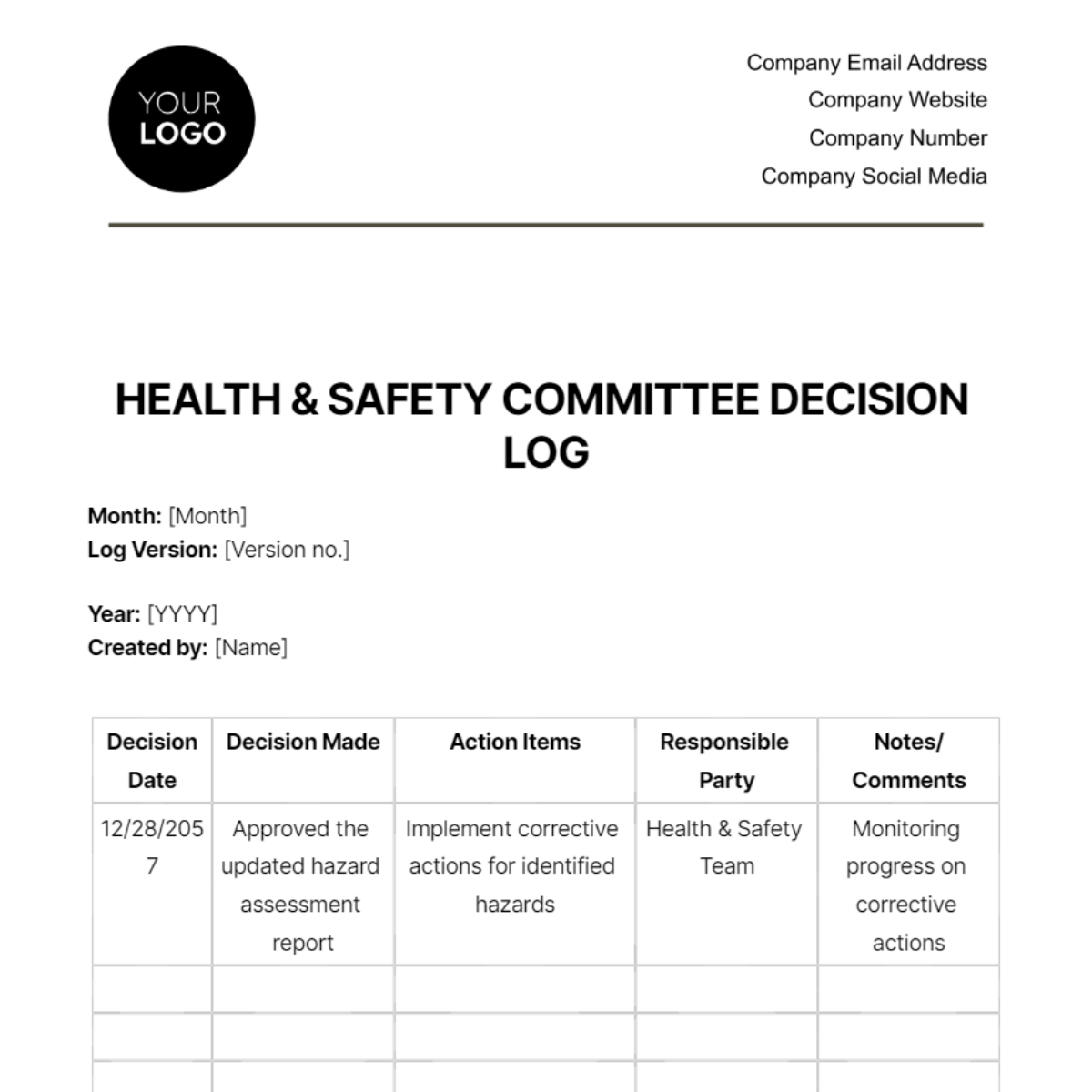 Free Health & Safety Committee Decision Log Template