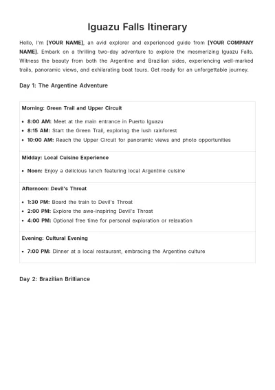 Free Iguazu Falls Itinerary Template to Edit Online