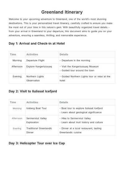 Free Greenland Itinerary Template to Edit Online