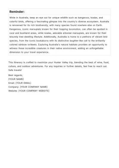 Free Hunter Valley Itinerary Template to Edit Online
