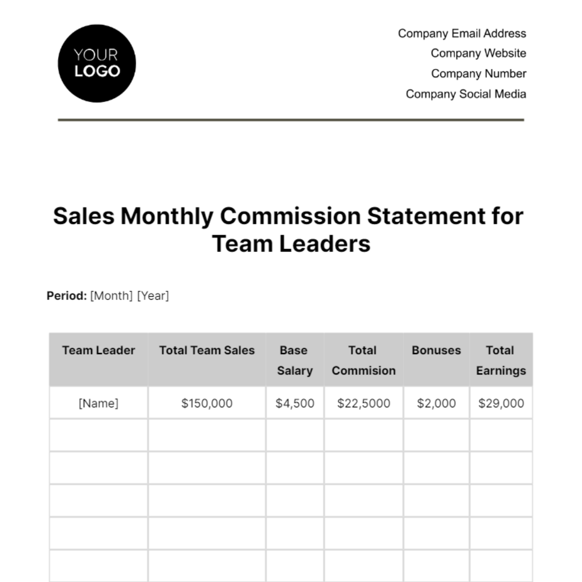 Sales Monthly Commission Statement for Team Leaders Template