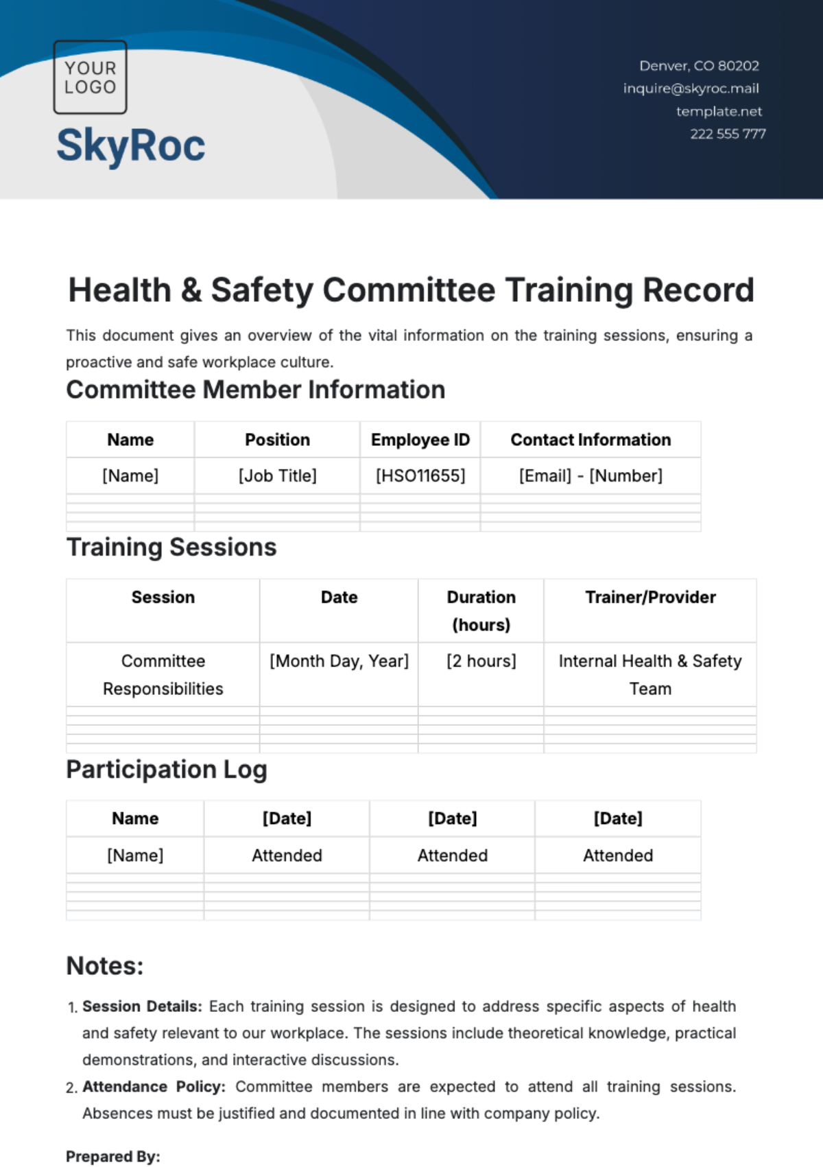 Free Health & Safety Committee Training Record Template