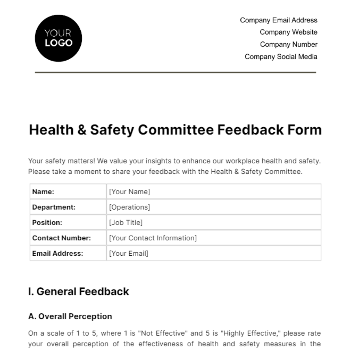 Health & Safety Committee Feedback Form Template
