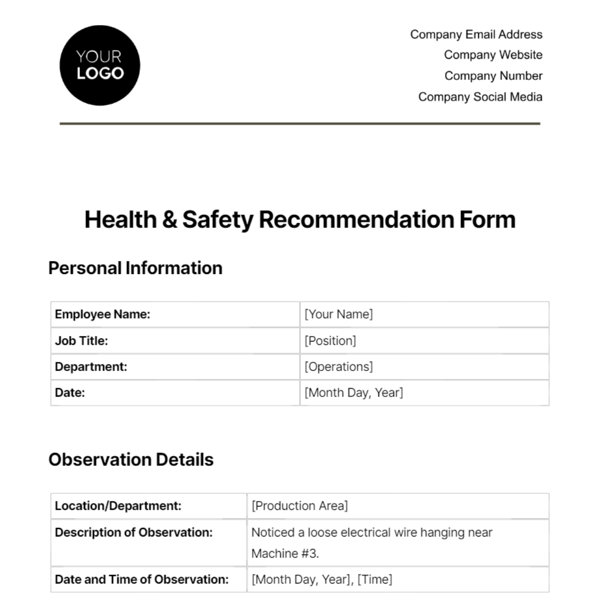 Health & Safety Recommendation Form Template