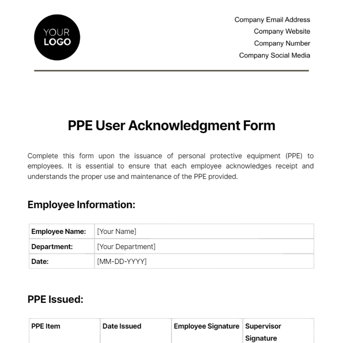 PPE User Acknowledgment Form Template