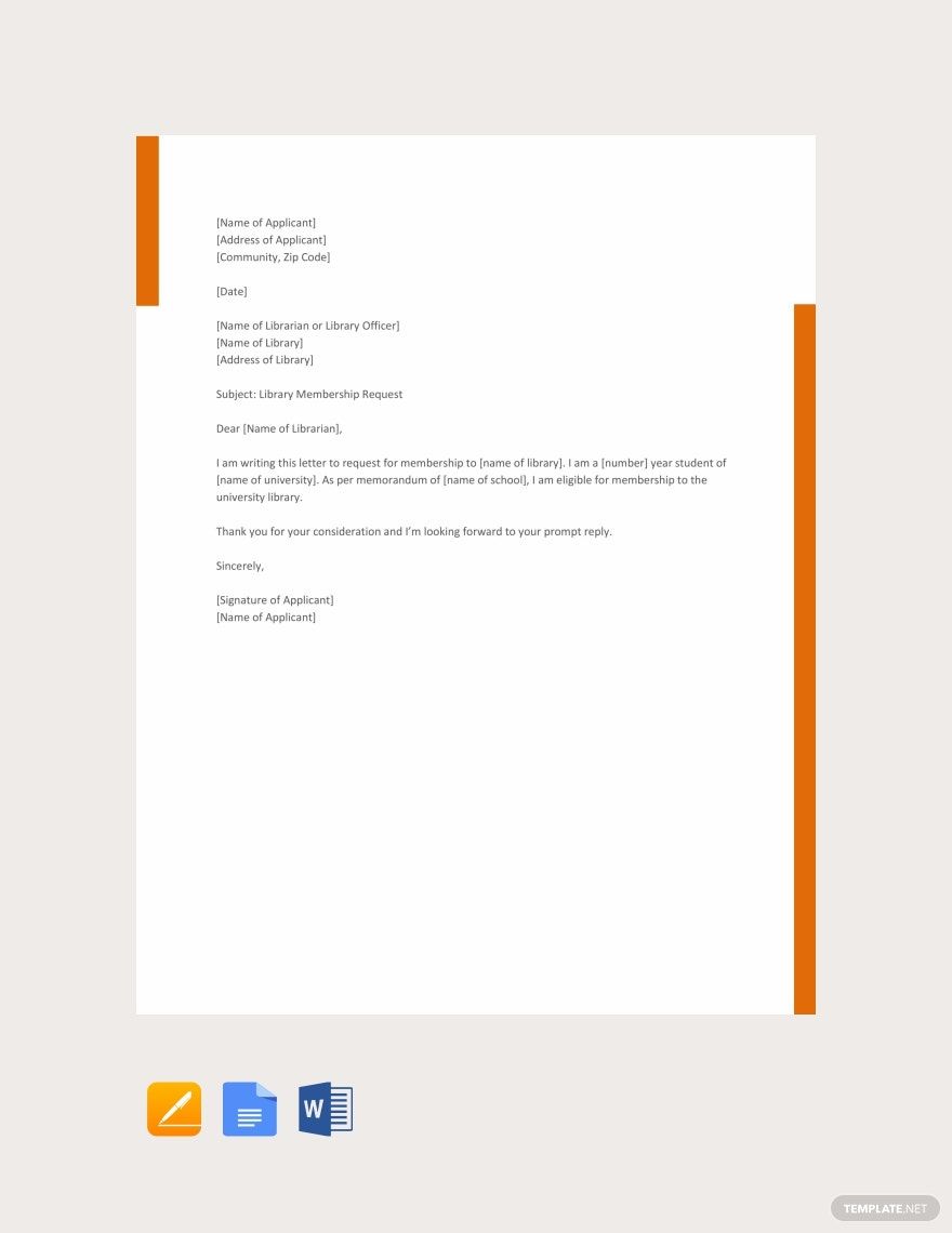 Application Letter for Library Membership Template in Google Docs, Pages, PDF, Word - Download | Template.net