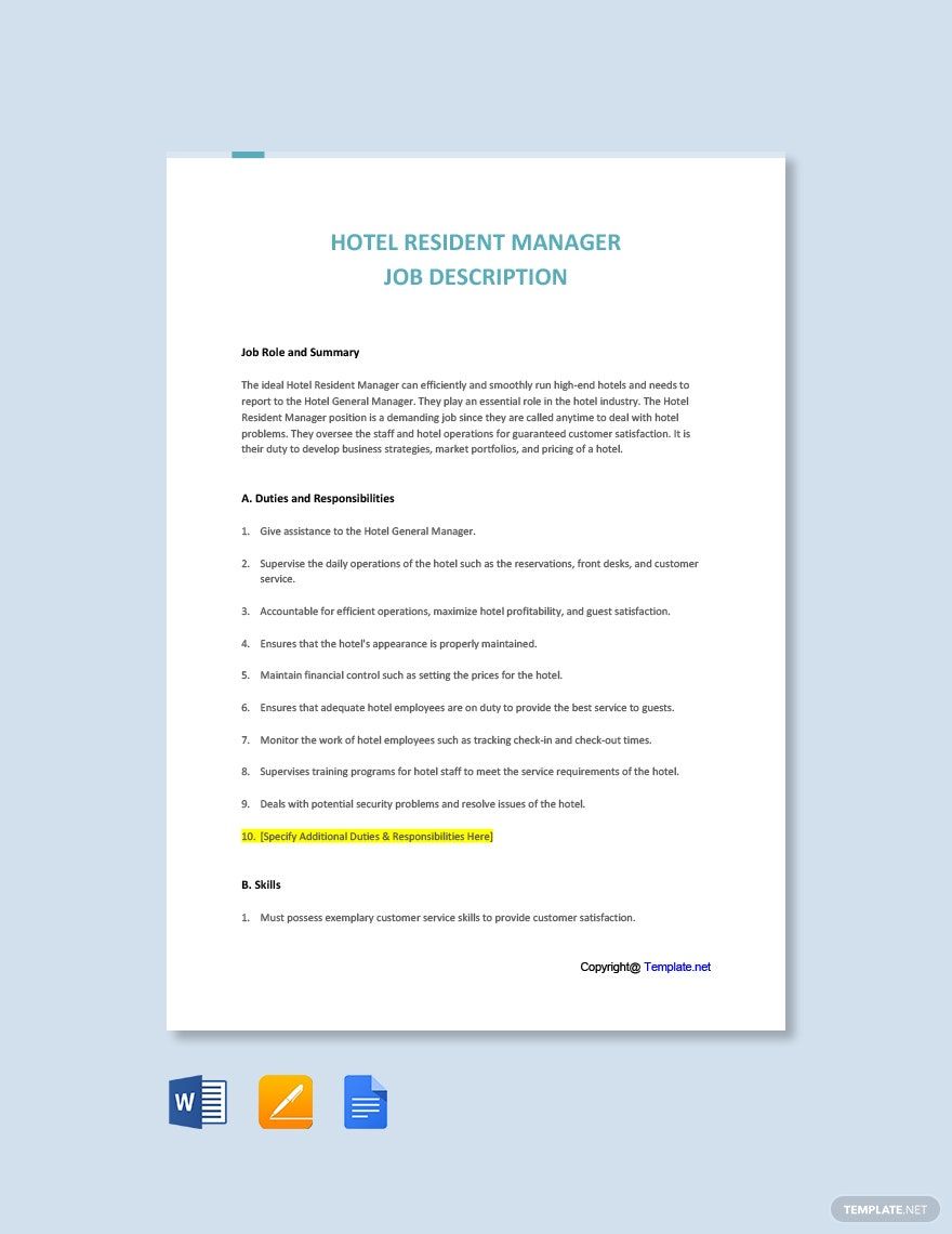 Hotel Resident Manager Job Ad and Description Template