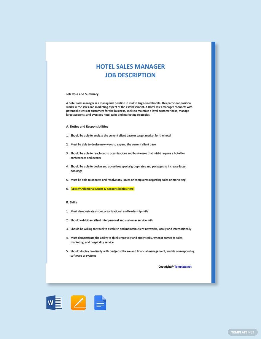 Hotel Sales Manager Job Ad and Description Template