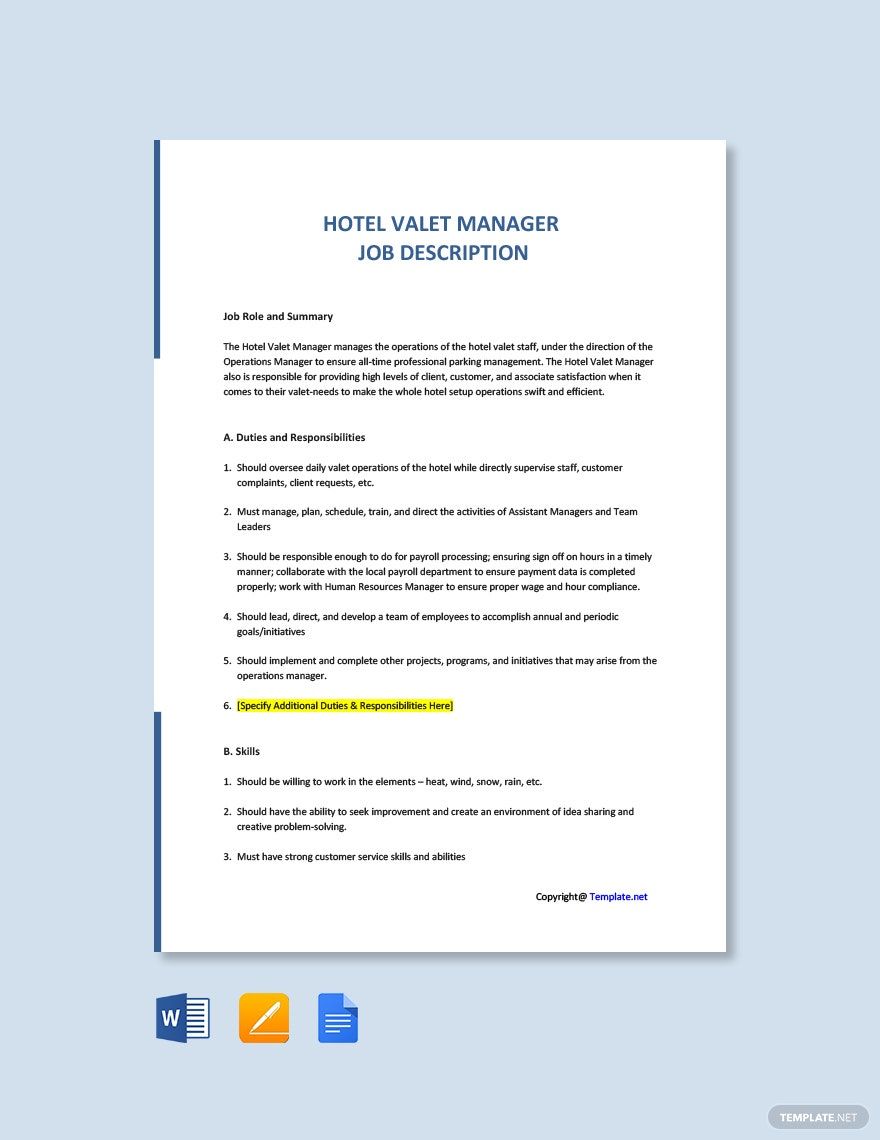 Hotel Valet Manager Job Description Template