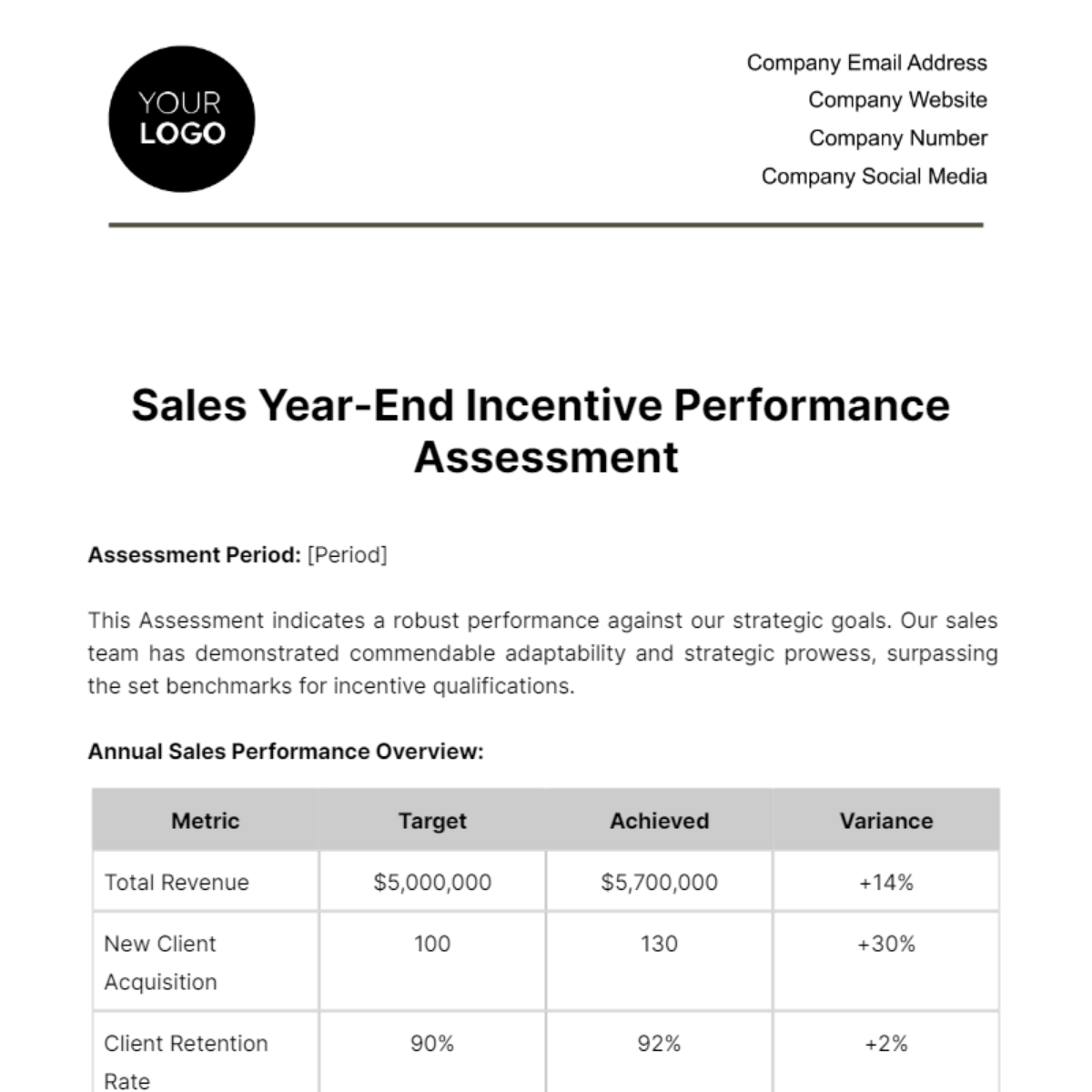 Sales Year-End Incentive Performance Assessment Template