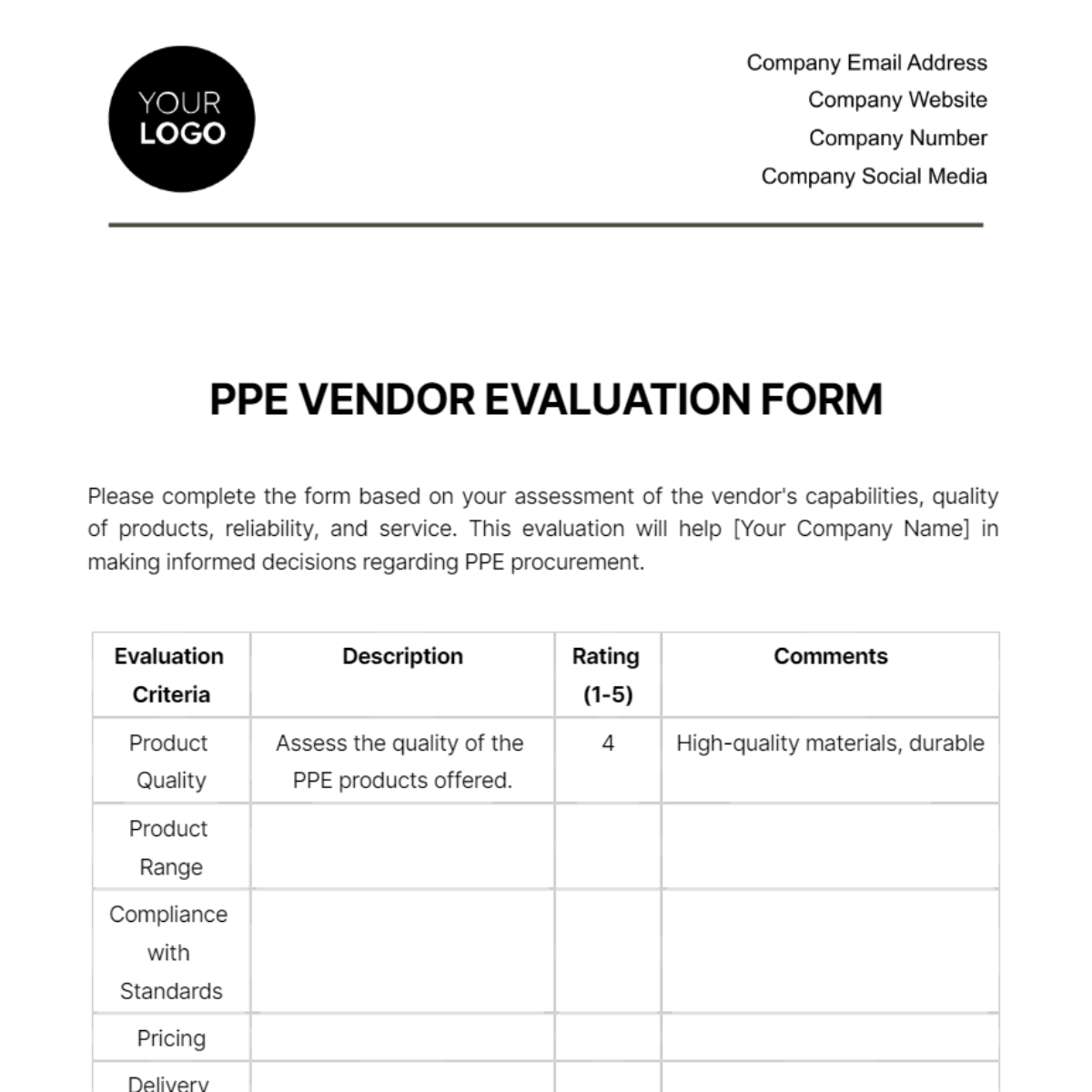 Free PPE Vendor Evaluation Form Template
