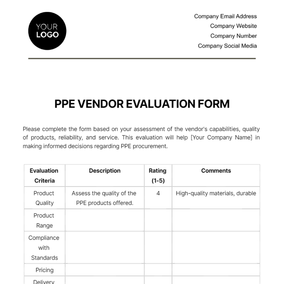 PPE Vendor Evaluation Form Template - Edit Online & Download