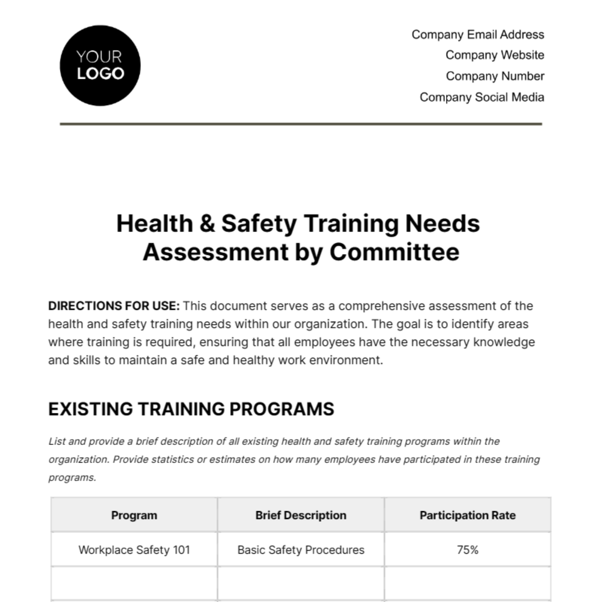 Health & Safety Training Needs Assessment by Committee Template