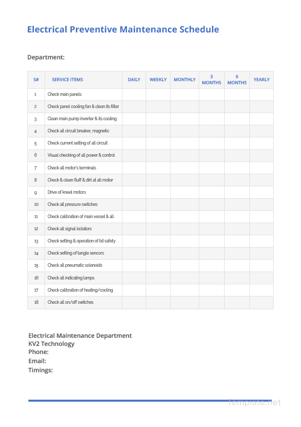 Electrical Preventive Maintenance Schedule Template in Microsoft Word