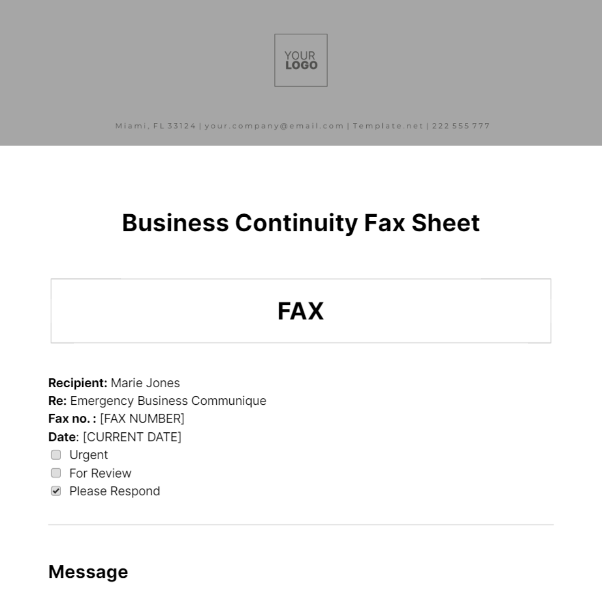 Free Business Continuity Fax Sheet Template