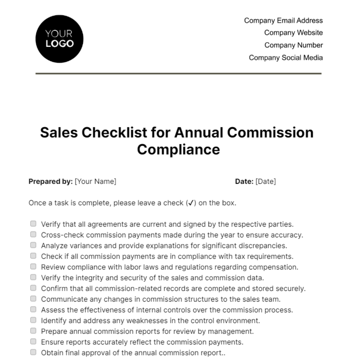 Sales Checklist for Annual Commission Compliance Template