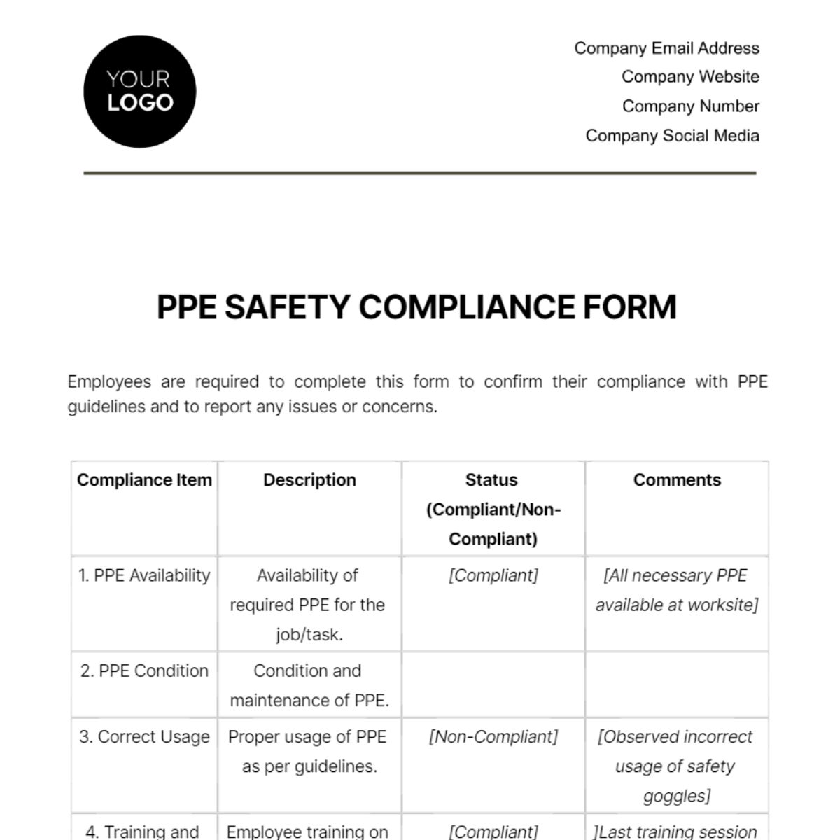 PPE Safety Compliance Form Template