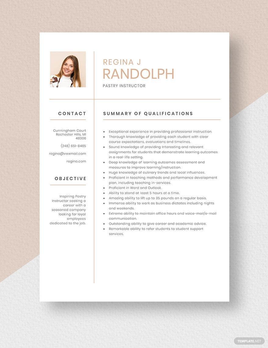 Free Pastry Instructor Resume in Word, Apple Pages