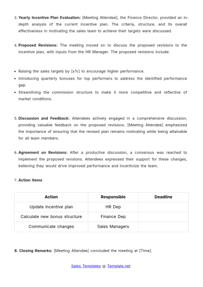 Free Sales Minute for Yearly Incentive Plan Revision Template to Edit Online