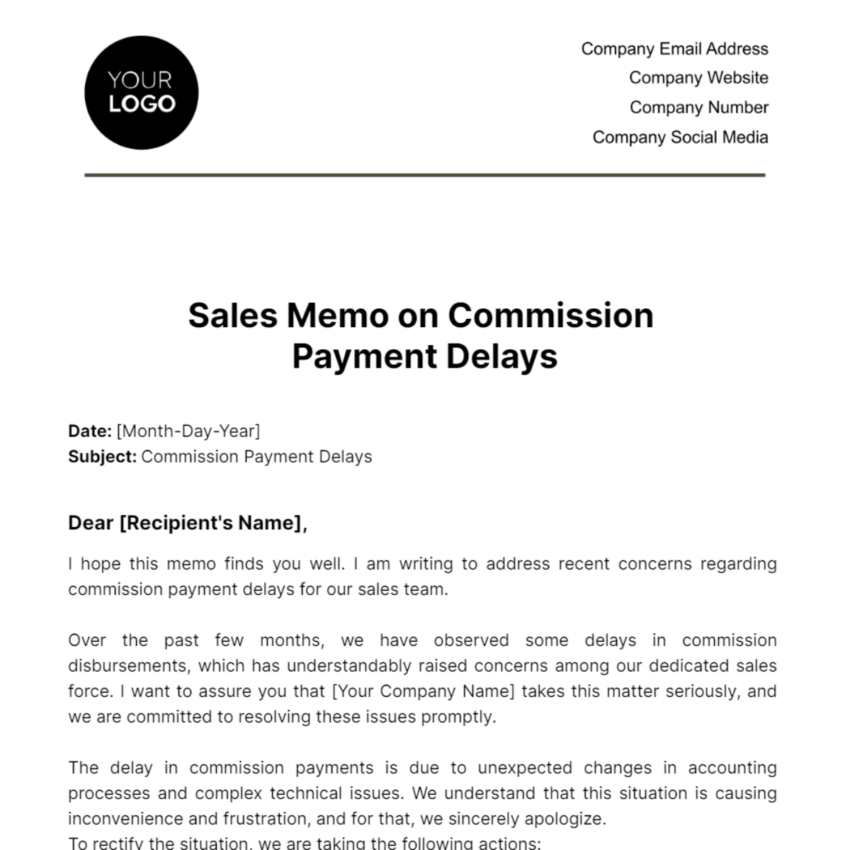 Sales Memo on Commission Payment Delays Template