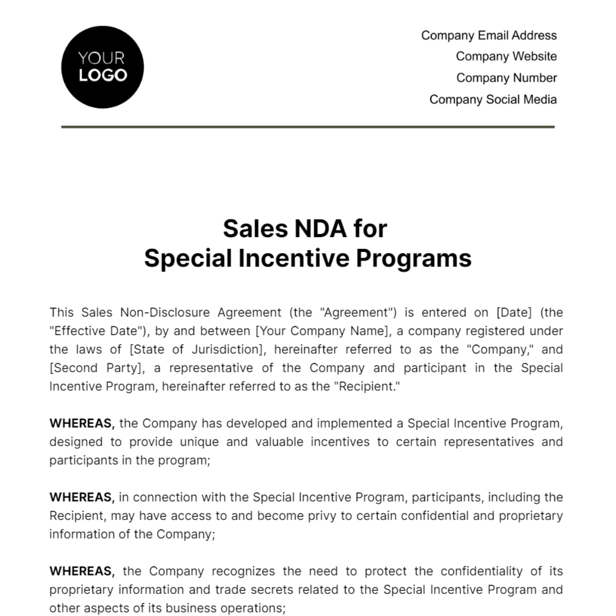 Sales NDA for Special Incentive Programs Template